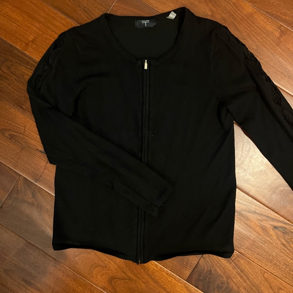 T Tahari Full Zip Lace Sleeve Detail Black Cardigan